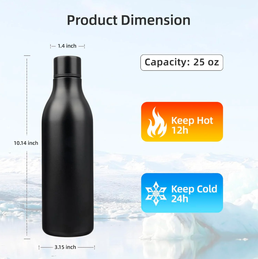 Black Insulated Water Bottle with Strap – 25oz Stainless Steel, Leak-Proof and Portable