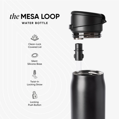 Mesa Loop Stainless Steel Water Bottle with Straw – 24oz Midnight Black, Cupholder Friendly