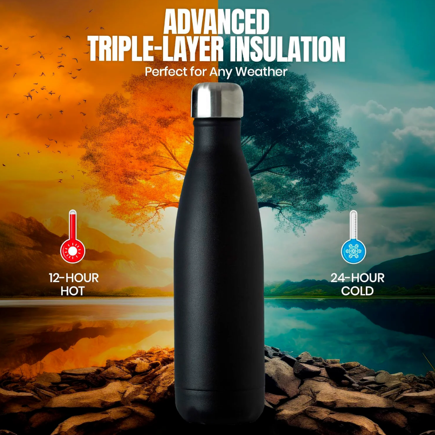 Triple-Wall Black Insulated Water Bottle – 17oz Stainless Steel, Leak-Proof, Cold 24H / Hot 12H
