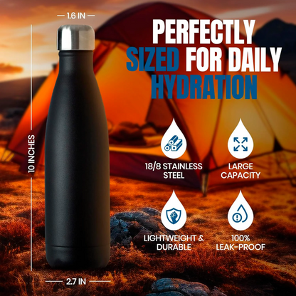 Triple-Wall Black Insulated Water Bottle – 17oz Stainless Steel, Leak-Proof, Cold 24H / Hot 12H