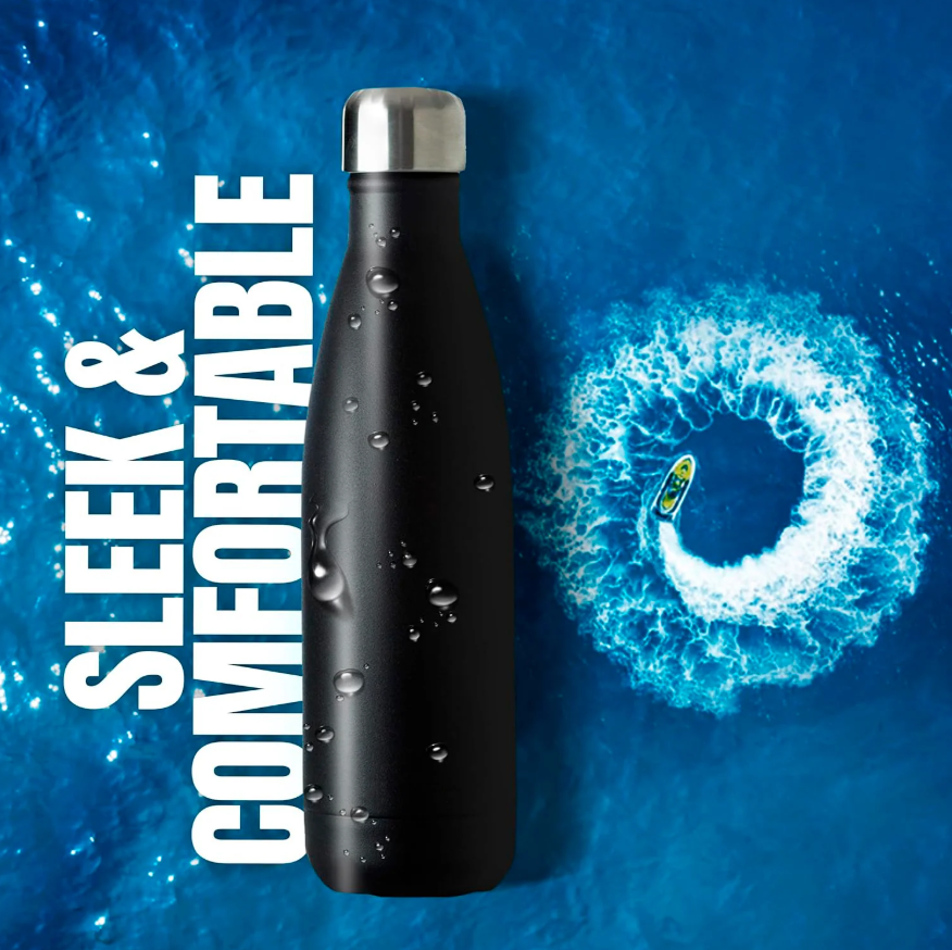Triple-Wall Black Insulated Water Bottle – 17oz Stainless Steel, Leak-Proof, Cold 24H / Hot 12H